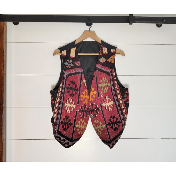 Vtg Kilim Wool Tapestry Vest Southwestern Tribal Boho Folk Waistcoat M L - Picture 1 of 6